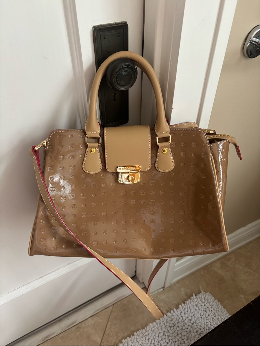 Arcadia Italy Tan Embossed Patent Leather Satchel Crossbody Bag